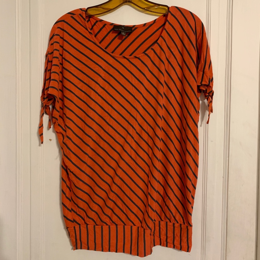 Coral Tee with Blue Stripes
